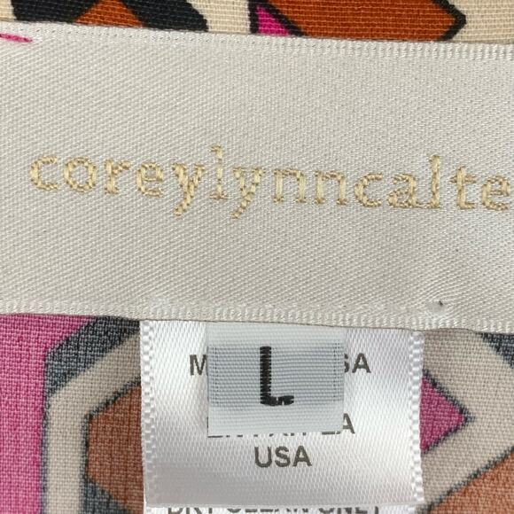 Anthro Corey Lynn Calter Shirt Dress Size Large Pink Geometric Print Tiered - Picture 9 of 11